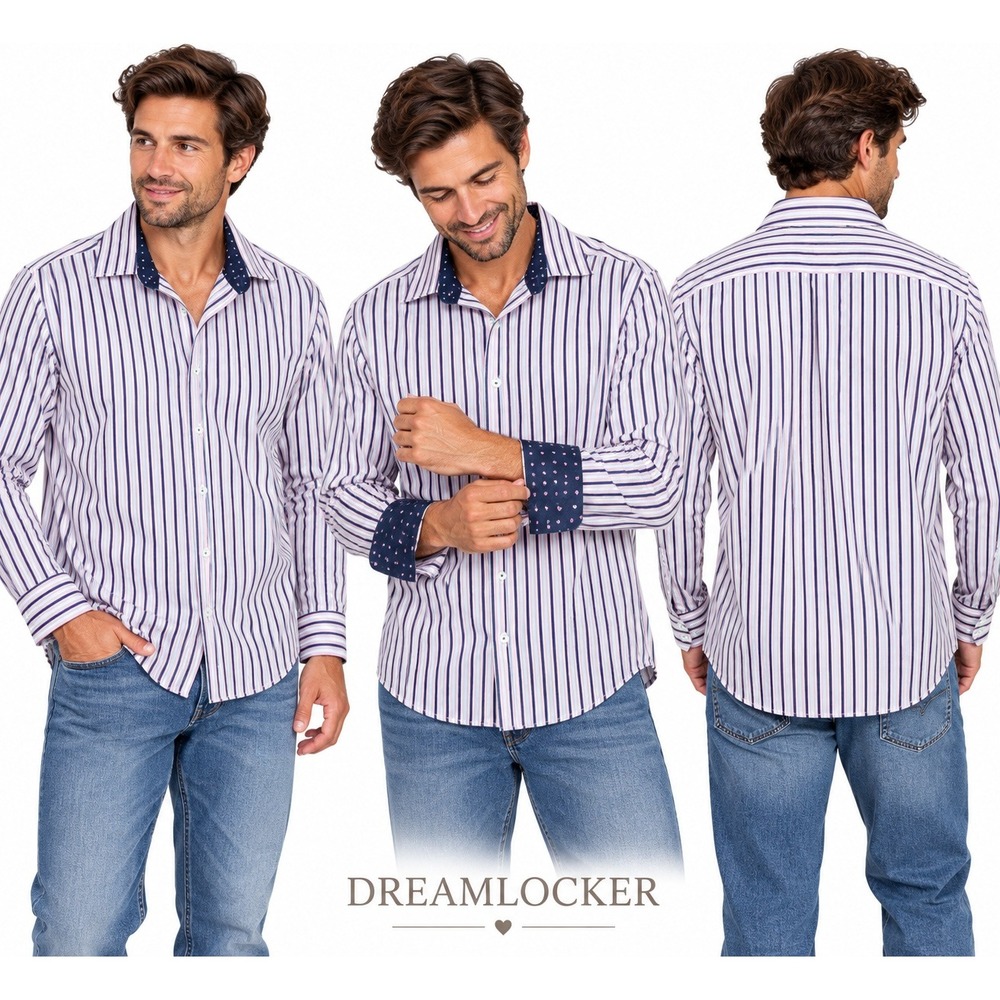 English Laundry Mens Pink Navy Blue Striped Button Down Shirt Flip Cuffs Large